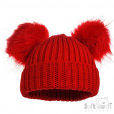 H506-R: Red Ribbed Hat w/Pom Poms (0-12m)